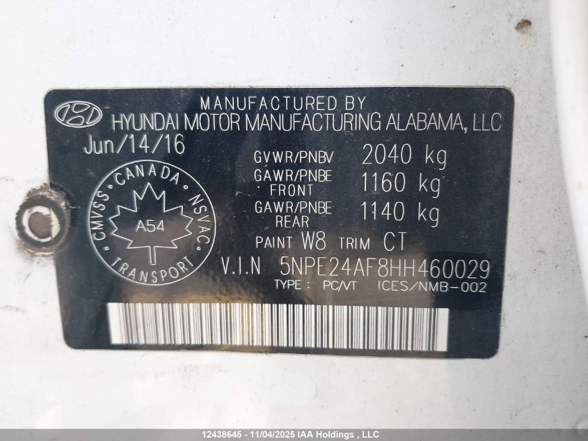 2017 Hyundai Sonata Gls VIN: 5NPE24AF8HH460029 Lot: 12438645