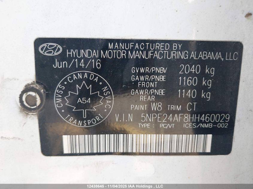 2017 Hyundai Sonata Gls VIN: 5NPE24AF8HH460029 Lot: 12438645