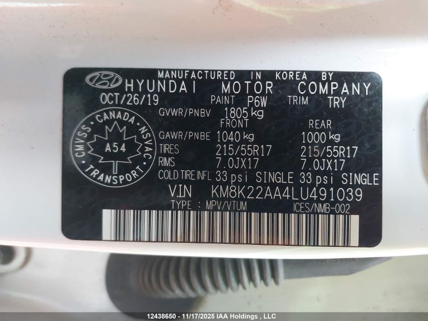 2020 Hyundai Kona Preferred VIN: KM8K22AA4LU491039 Lot: 12438650