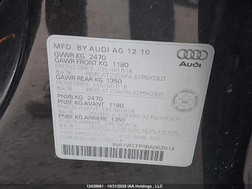 2011 Audi Q5 Prestige VIN: WA1VFCFP9BA062014 Lot: 12438661