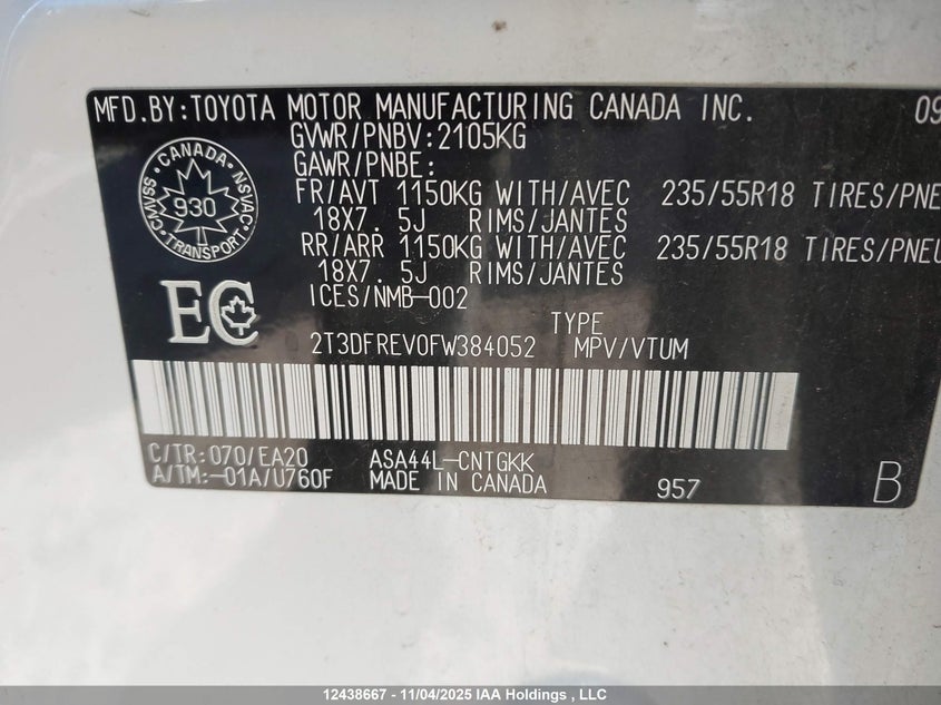 2T3DFREV0FW384052 2015 TOYOTA RAV 4 photo no. 9