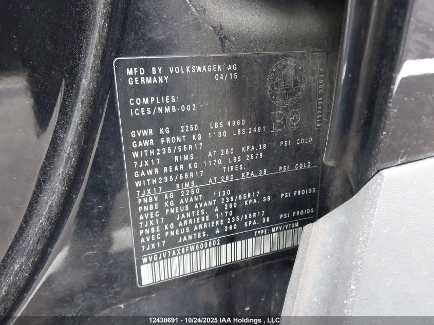 2015 Volkswagen Tiguan S/Se/Sel/R-Line VIN: WVGJV7AX8FW600602 Lot: 12438691