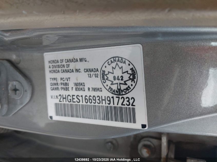 2003 Honda Civic Lx VIN: 2HGES16693H917232 Lot: 12438692