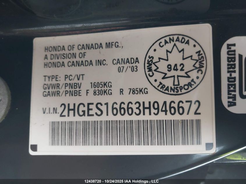 2003 Honda Civic VIN: 2HGES16663H946672 Lot: 12438720