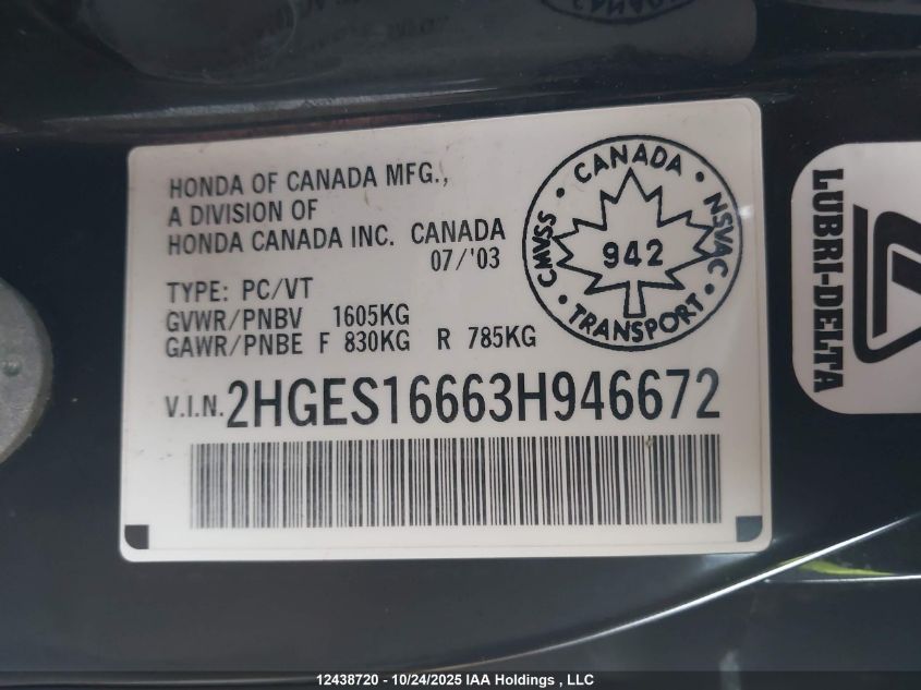 2003 Honda Civic VIN: 2HGES16663H946672 Lot: 12438720