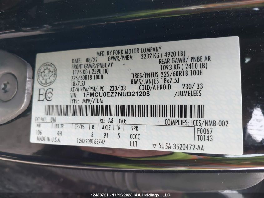 2022 Ford Escape Phev Se VIN: 1FMCU0EZ7NUB21208 Lot: 12438721