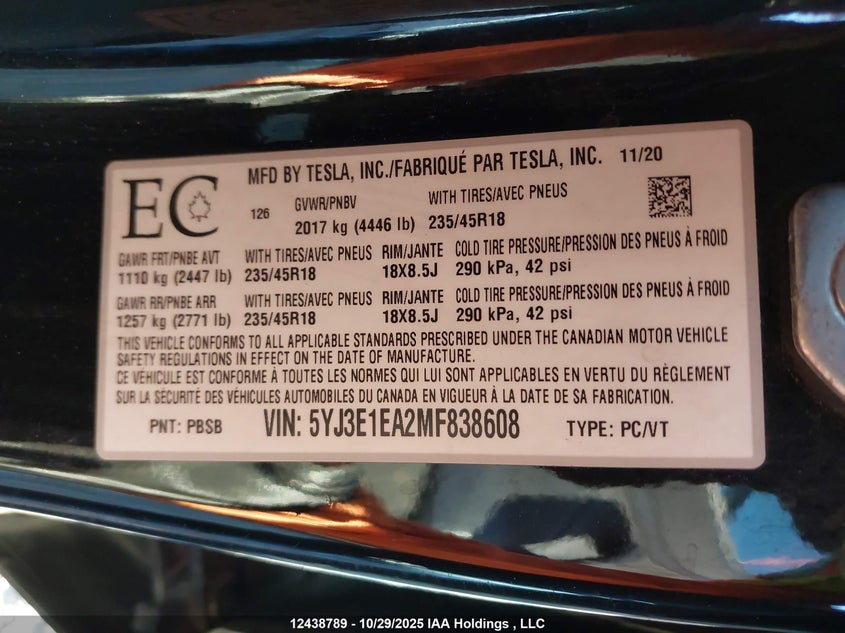 5YJ3E1EA2MF838608 2021 TESLA MODEL 3 photo no. 9