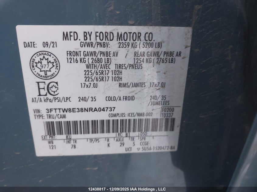 3FTTW8E38NRA04737 2022 FORD MAVERICK photo no. 9