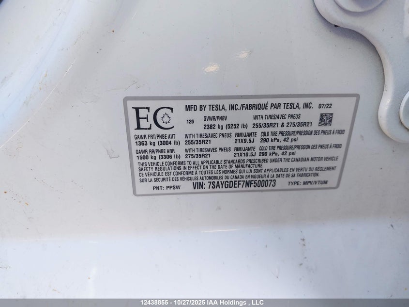 7SAYGDEF7NF500073 2022 TESLA MODEL Y photo no. 9