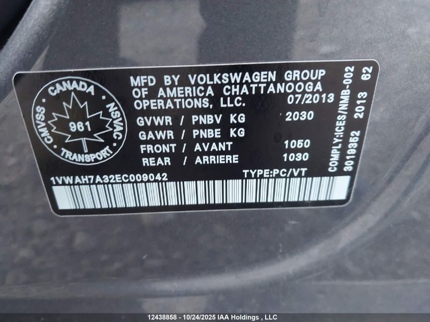 2014 Volkswagen Passat S VIN: 1VWAH7A32EC009042 Lot: 12438858
