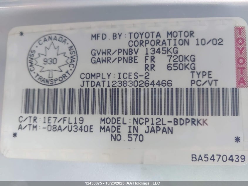 JTDAT123830264466 2003 TOYOTA ECHO photo no. 19