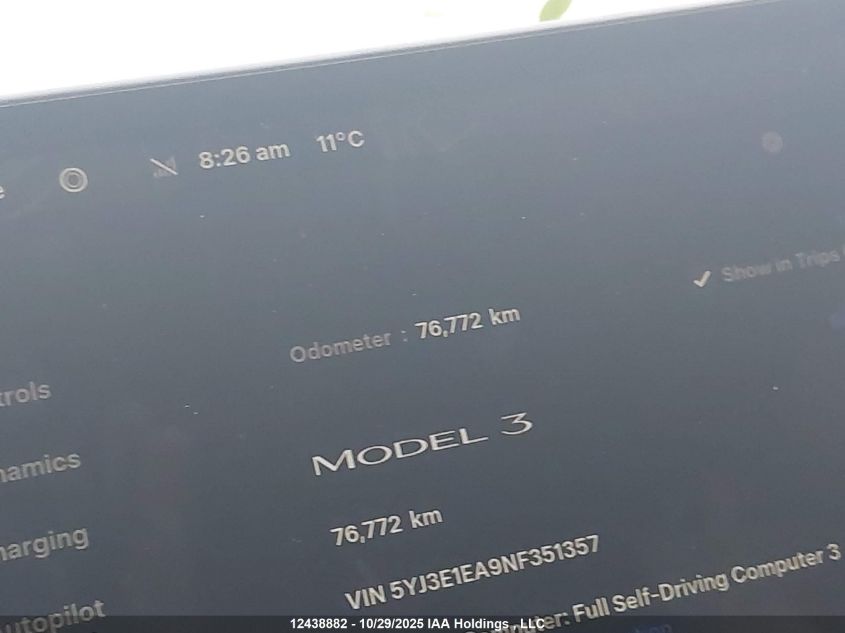 2022 Tesla Model 3 VIN: 5YJ3E1EA9NF351357 Lot: 12438882