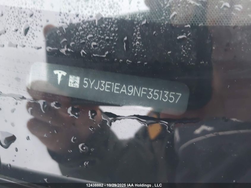 2022 Tesla Model 3 VIN: 5YJ3E1EA9NF351357 Lot: 12438882