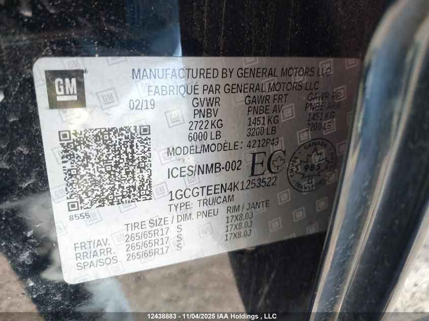 2019 Chevrolet Colorado Zr2 VIN: 1GCGTEEN4K1253522 Lot: 12438883