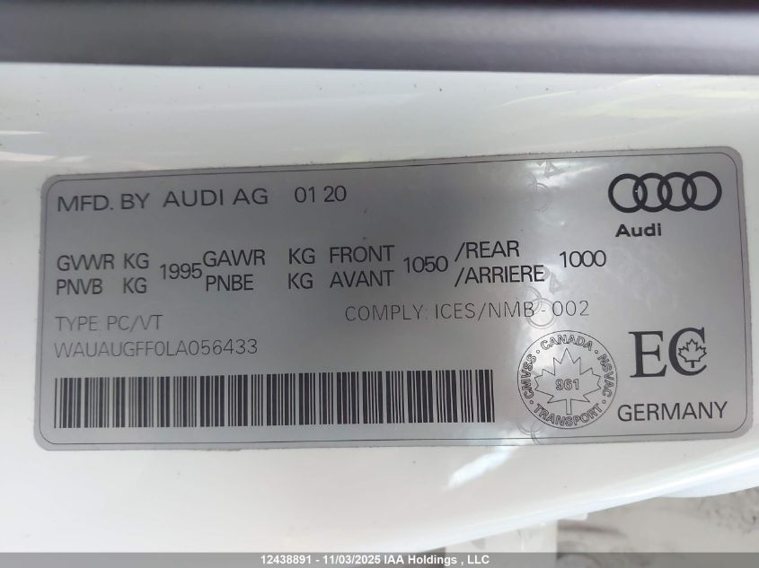 2020 Audi A3 Premium VIN: WAUAUGFF0LA056433 Lot: 12438891