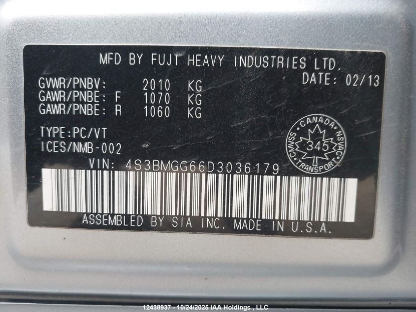 2013 Subaru Legacy 2.5I Touring Package VIN: 4S3BMGG66D3036179 Lot: 12438937