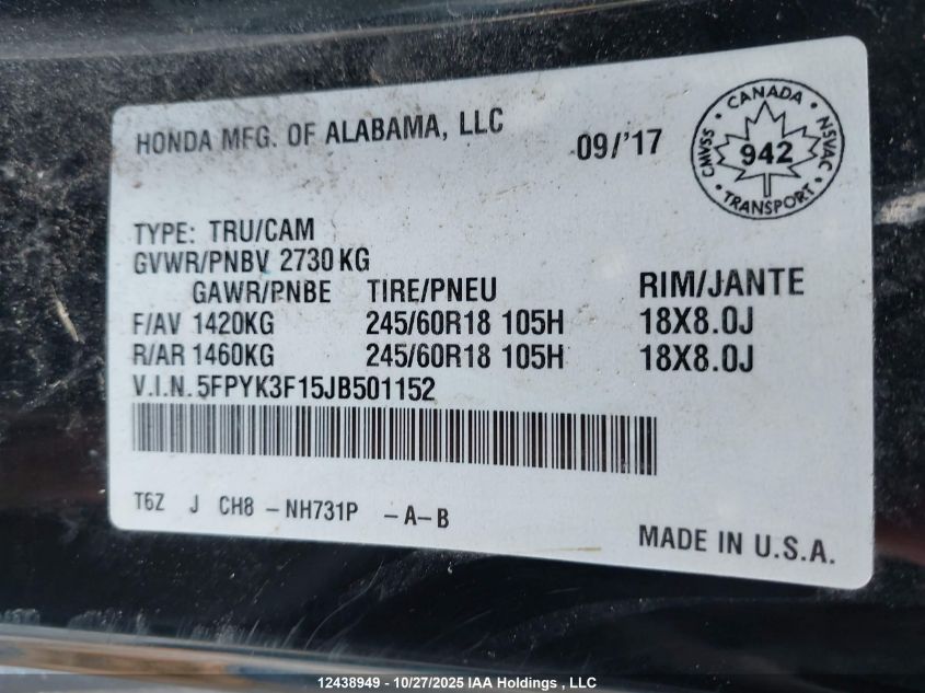 2018 Honda Ridgeline Sport VIN: 5FPYK3F15JB501152 Lot: 12438949