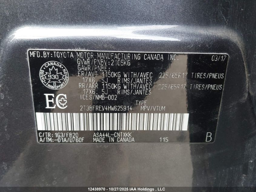 2017 Toyota Rav4 Le VIN: 2T3BFREV4HW625914 Lot: 12438970