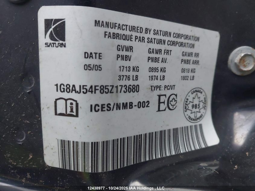 2005 Saturn Ion 2 Midlevel VIN: 1G8AJ54F85Z173680 Lot: 12438977
