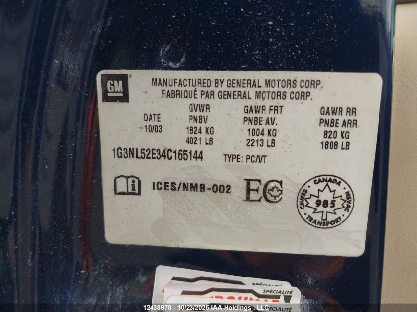 2004 Oldsmobile Alero VIN: 1G3NL52E34C165144 Lot: 12438978