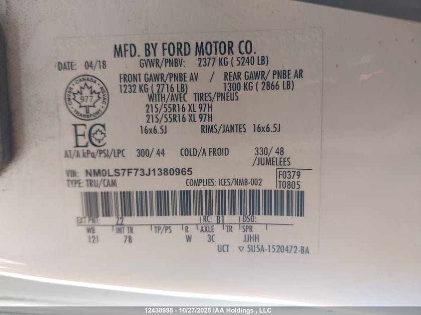 NM0LS7F73J1380965 2018 FORD TRANSIT photo no. 9