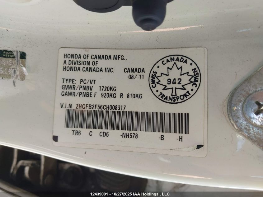 2012 Honda Civic Ex 4Dr VIN: 2HGFB2F56CH008317 Lot: 12439001