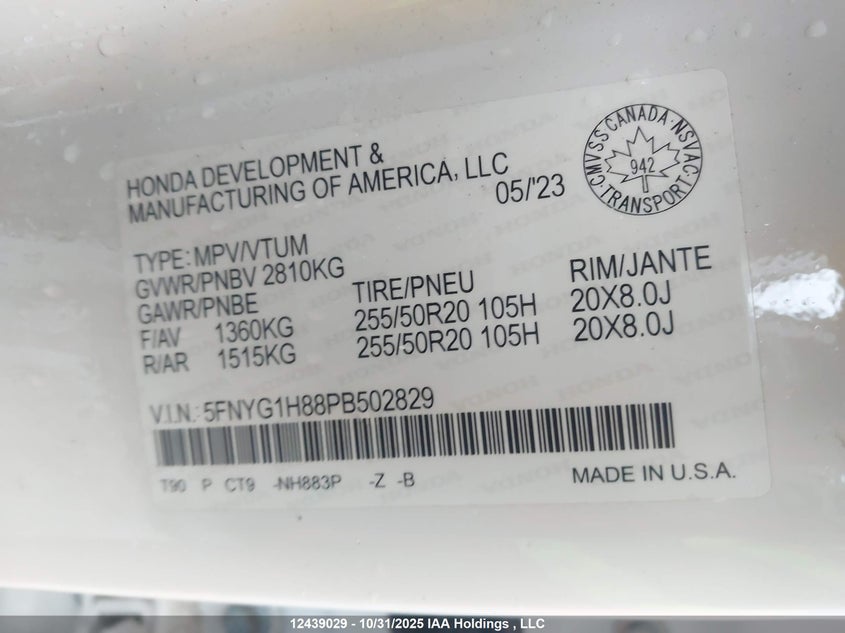 5FNYG1H88PB502829 2023 HONDA PILOT photo no. 9