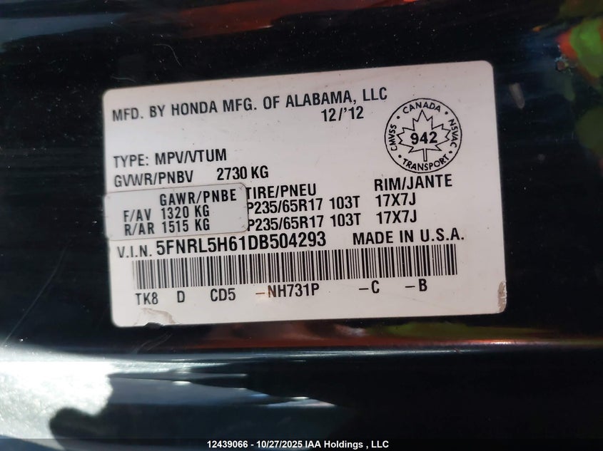 5FNRL5H61DB504293 2013 HONDA ODYSSEY photo no. 9