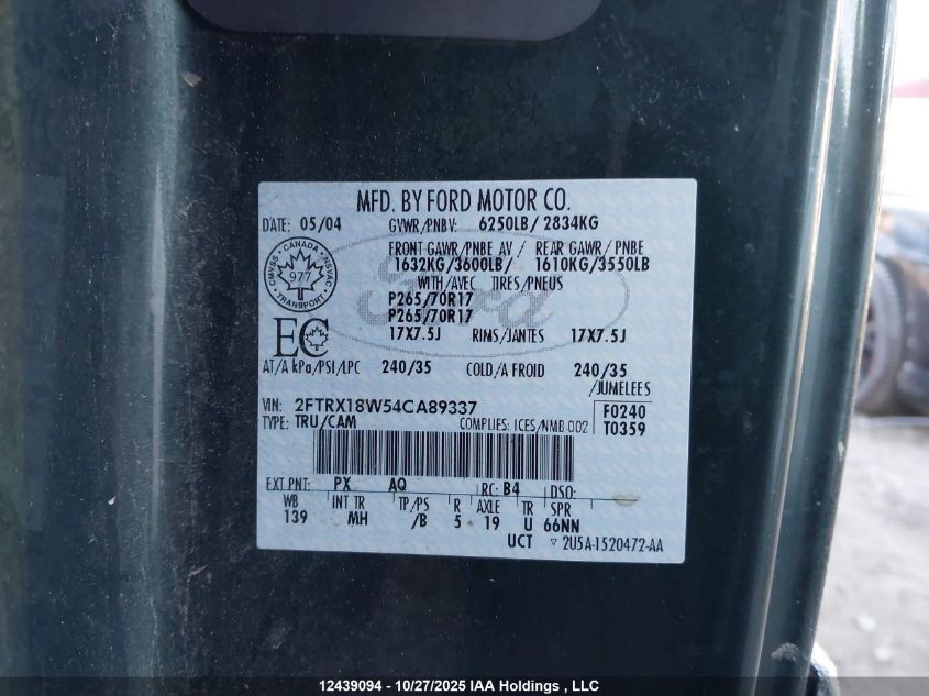 2004 Ford F-150 Heritage Classic VIN: 2FTRX18W54CA89337 Lot: 12439094