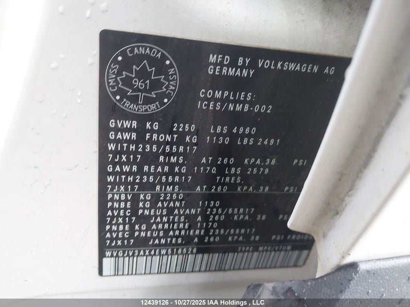 2014 Volkswagen Tiguan 2.0 Tsi VIN: WVGJV3AX4EW516526 Lot: 12439126