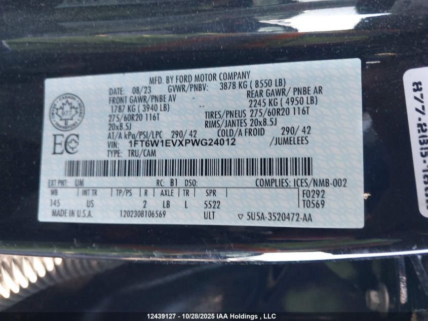 2023 Ford F150 Lightning Pro/Lightning Xlt/Lightning Lariat/Lightning Platinum VIN: 1FT6W1EVXPWG24012 Lot: 12439127