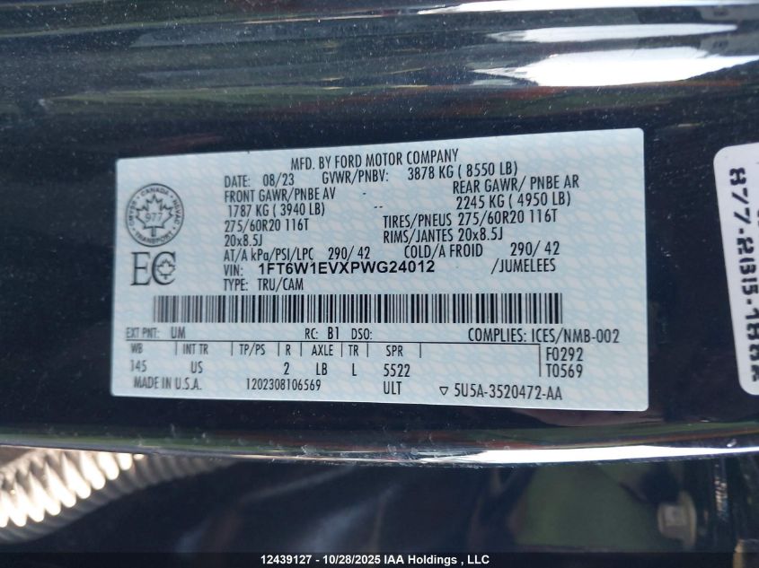 2023 Ford F150 Lightning Pro/Lightning Xlt/Lightning Lariat/Lightning Platinum VIN: 1FT6W1EVXPWG24012 Lot: 12439127