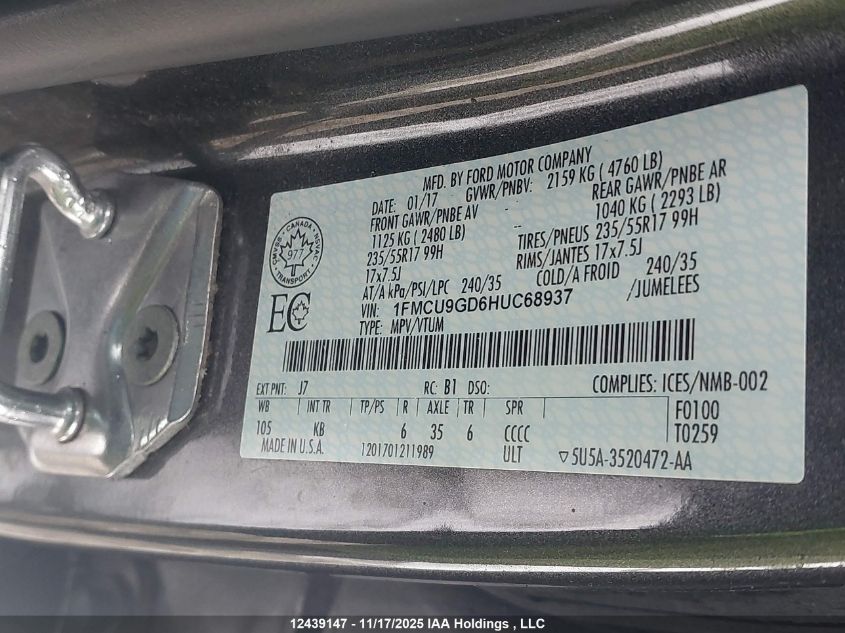 2017 Ford Escape VIN: 1FMCU9GD6HUC68937 Lot: 12439147
