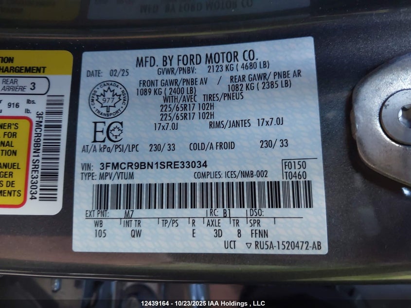 3FMCR9BN1SRE33034 2025 FORD BRONCO SPORT photo no. 9