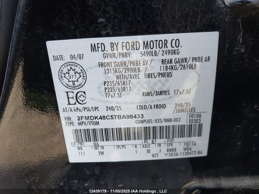 2007 Ford Edge Sel VIN: 2FMDK48C57BA98433 Lot: 12439179