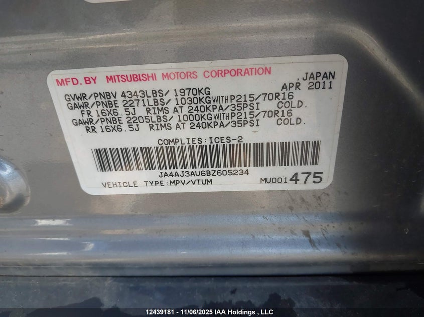 2011 Mitsubishi Rvr Se VIN: JA4AJ3AU6BZ605234 Lot: 12439181