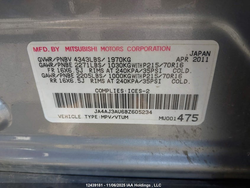 2011 Mitsubishi Rvr Se VIN: JA4AJ3AU6BZ605234 Lot: 12439181