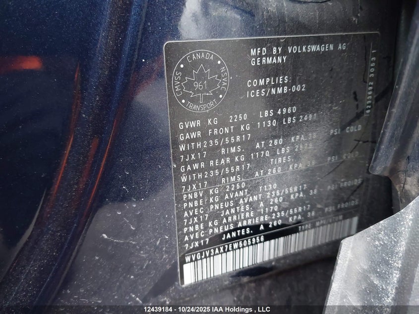 2014 Volkswagen Tiguan Comfortline/Highline/Trendline VIN: WVGJV3AX7EW505956 Lot: 12439184