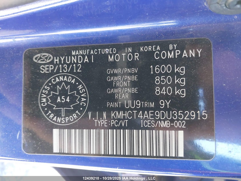 2013 Hyundai Accent VIN: KMHCT4AE9DU352915 Lot: 12439210
