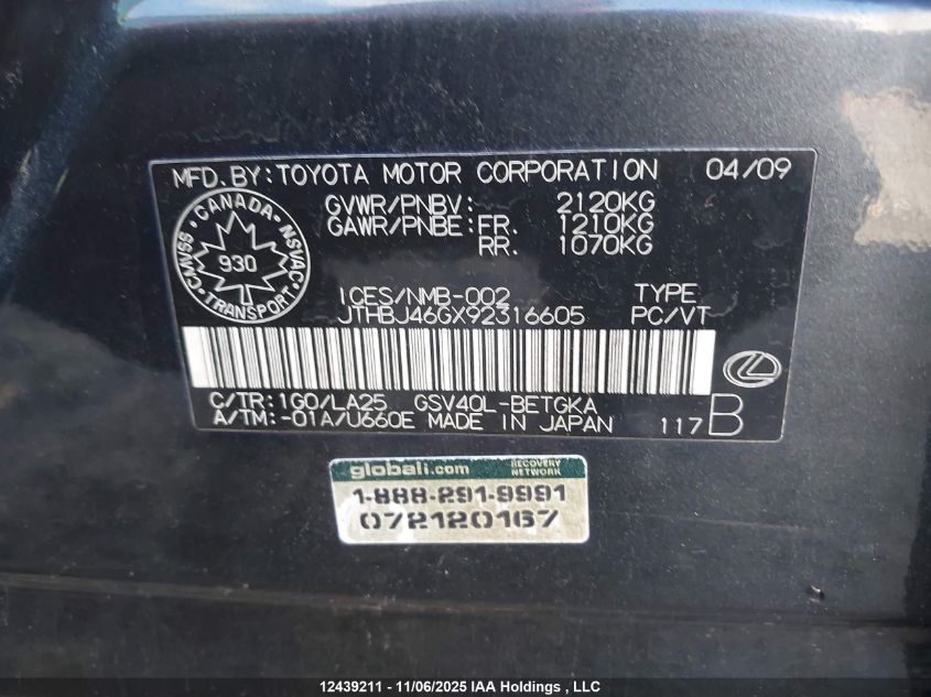 2009 Lexus Es 350 350 VIN: JTHBJ46GX92316605 Lot: 12439211