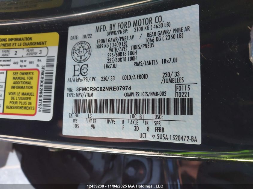 2022 Ford Bronco Sport Outer Banks VIN: 3FMCR9C62NRE07974 Lot: 12439230