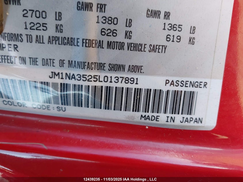 1990 Mazda Mx-5 Miata VIN: JM1NA3525L0137891 Lot: 12439235