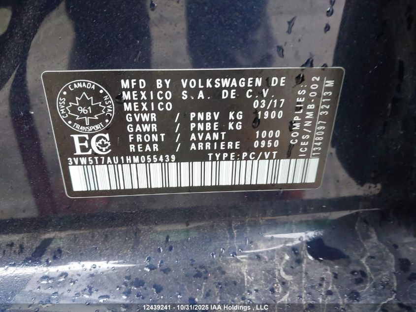 2017 Volkswagen Golf Gti 5-Door Autobahn VIN: 3VW5T7AU1HM055439 Lot: 12439241
