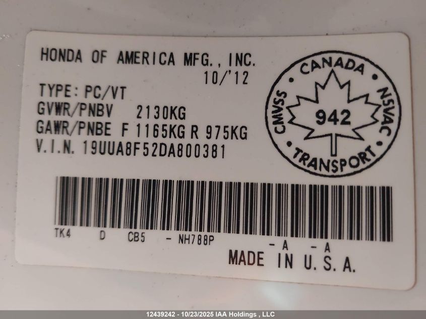 2013 Acura Tl Tech VIN: 19UUA8F52DA800381 Lot: 12439242