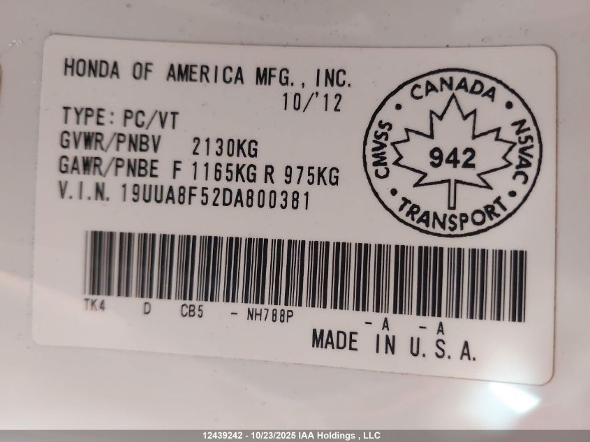 2013 Acura Tl Tech VIN: 19UUA8F52DA800381 Lot: 12439242