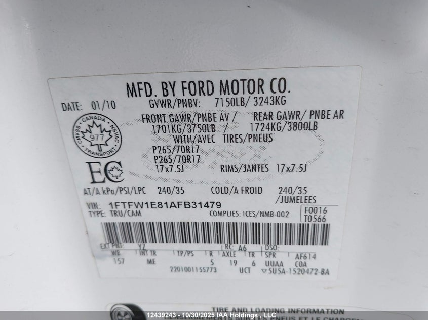 1FTFW1E81AFB31479 2010 FORD F-150 photo no. 9