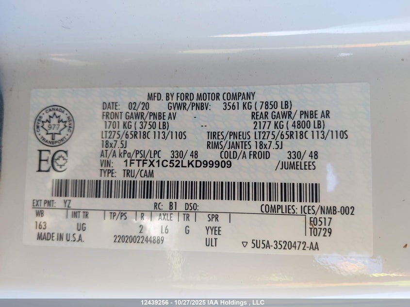 1FTFX1C52LKD99909 2020 FORD F-150 photo no. 9