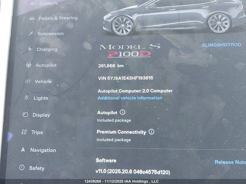 2017 Tesla Model S 100D/60D/75D/90D/P100D VIN: 5YJSA1E43HF193815 Lot: 12439260