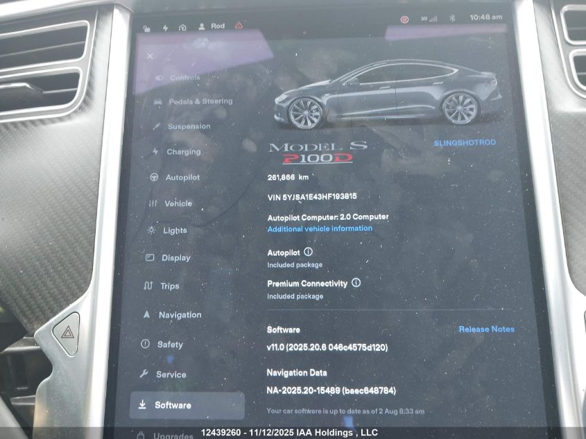 2017 Tesla Model S 100D/60D/75D/90D/P100D VIN: 5YJSA1E43HF193815 Lot: 12439260