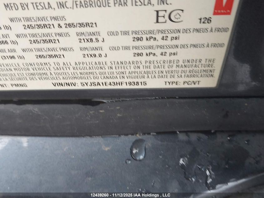 2017 Tesla Model S 100D/60D/75D/90D/P100D VIN: 5YJSA1E43HF193815 Lot: 12439260